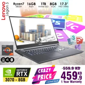 Lenovo Legion 5 Gaming Laptop Ryzen7 NVIDIA GeForce RTX3070 8GB VGA 8GB GDDR6 16GB RAM 1TB SSD 17.3 inch FHD; 17ACH6H