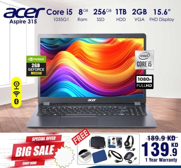 Acer Aspire 315 Core i5 Processor 8GB Ram 256GB SSD 1TB HDD 2GB VGA 15.6inch FHD