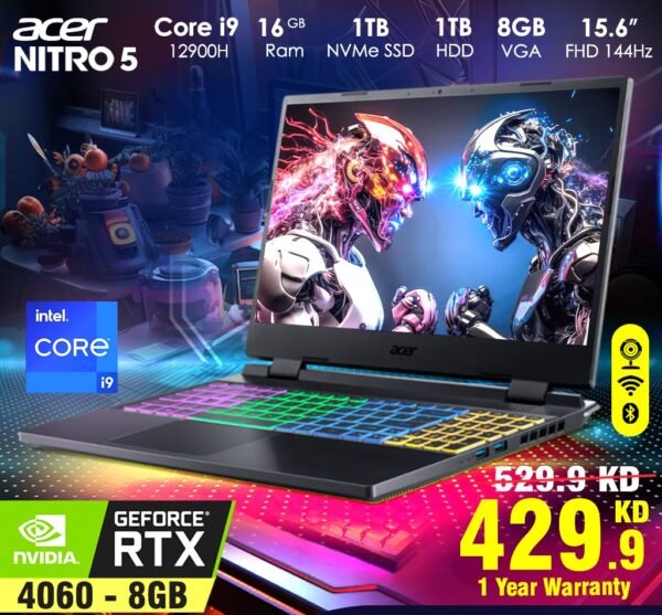 Acer Nitro 5 Core i9-12900H RTX4060 8GB VGA 16GB Ram 1TB SSD 1TB HDD 15.6inch FHD 144Hz