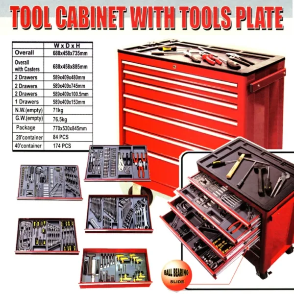 Torin Big Red 7 Drawer Cabinet with Tools TBR3007B-X Ball Bearing Sliding Drawers Castors