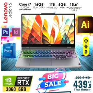 Lenovo Legion 5 Core i7-12th Gen NVIDIA GeForce RTX3060 6GB VGA 16GB RAM 1TB SSD 15.6 inch WQHD 165Hz