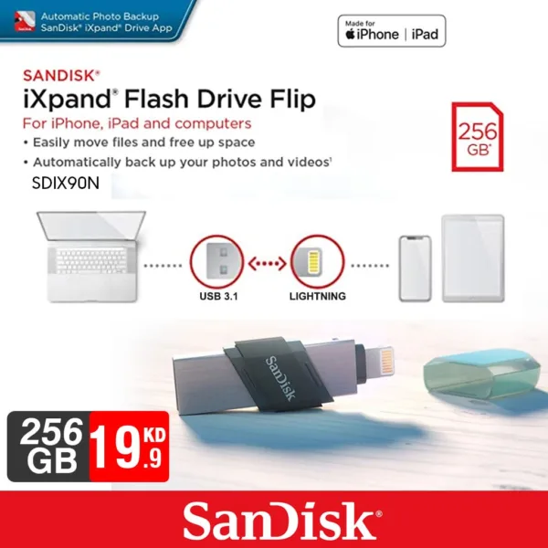 SanDisk iXpand Flash Drive Flip 256GB USB 3.1 Type-A & Lightning