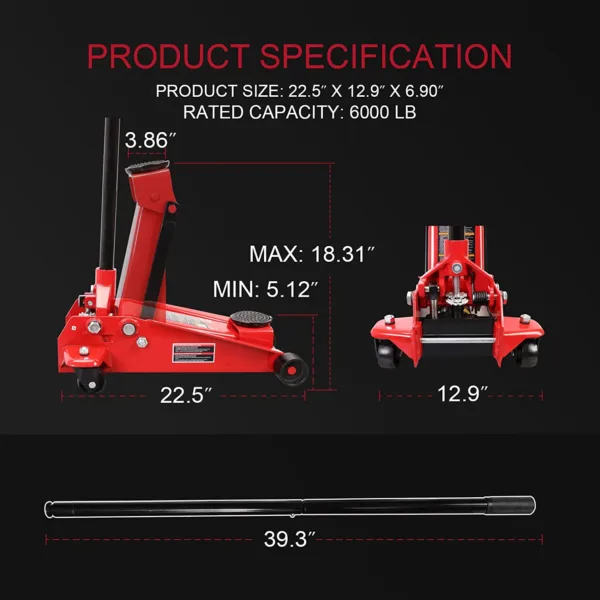 BIG RED T830025 Torin Hydraulic Floor Jack with Single Quick Lift Piston Pump, 3Ton (6,000 lb) Capacity