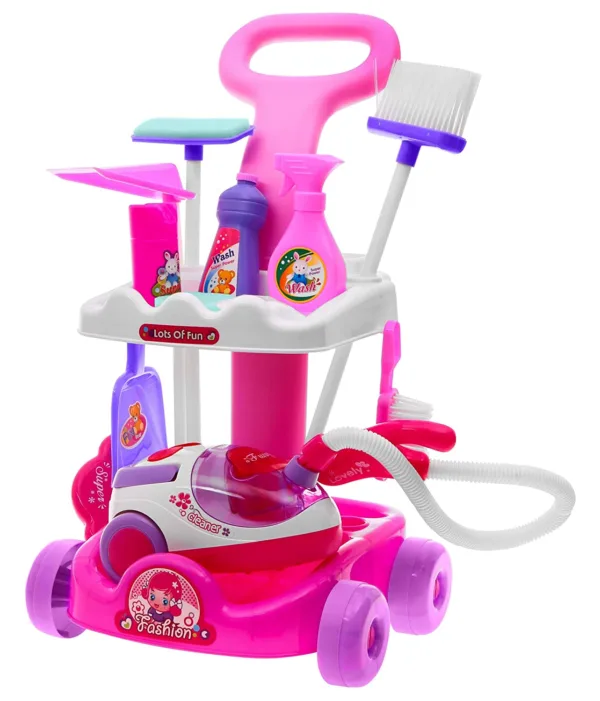 IndusBay® Big Size Complete Home Helper Cleaning Trolley Play Set with Working Vacuum Cleaner Toy Pull Along Cart and Accessories for Kids Girls 5791