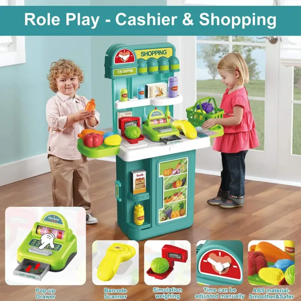 4 Mode BOWA Mobile Store Table Pretend Play Suitcase Trolley Case Stall Set Fruit Vegetables Supermarket Grocery Cashier