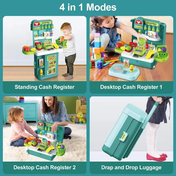 4 Mode BOWA Mobile Store Table Pretend Play Suitcase Trolley Case Stall Set Fruit Vegetables Supermarket Grocery Cashier