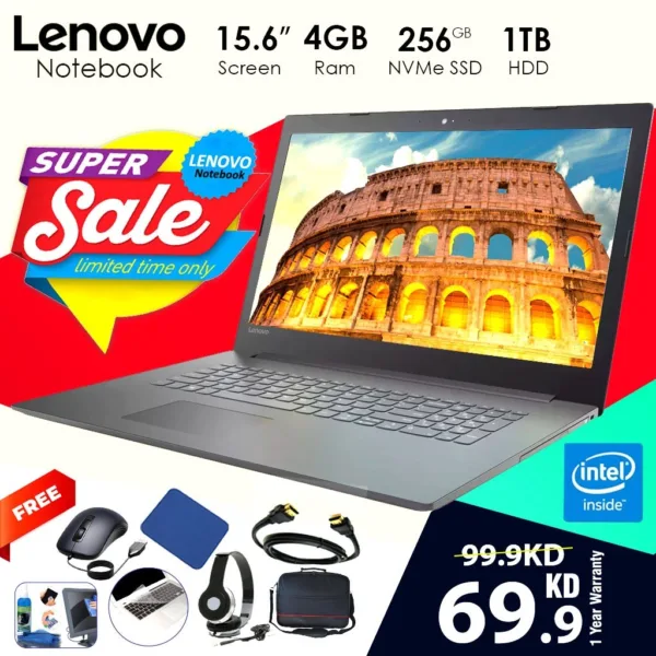 Lenovo Notebook intel N4020 4GB RAM 256GB SSD 1TB HDD 15.6 inch
